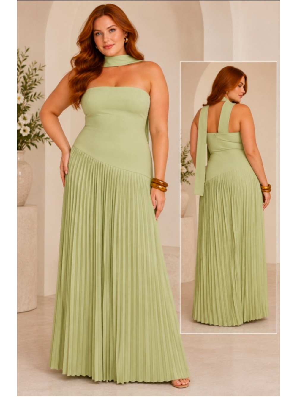 NWT PrettyLittleThing Sage Green Pleated Maxi Dress Scarf Detail Formal Gown 14